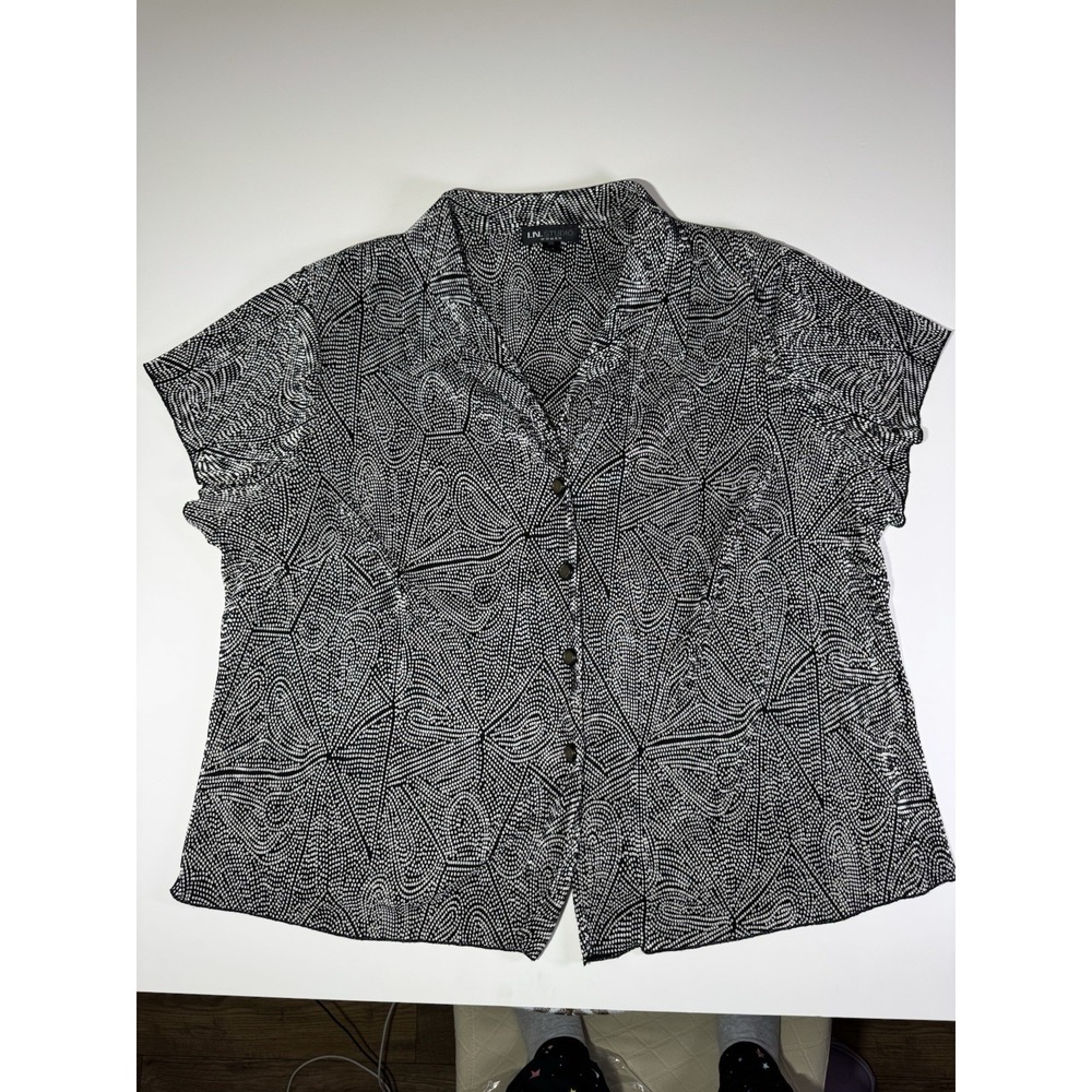I.N. Studio Black Gray Abstract Print Button‎ Down Shirt 18 – Artsy Retro Top